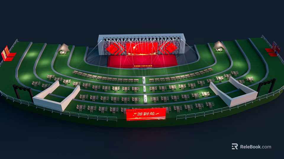 Guangzhou Sunac Cultural Tourism City Stadium With Green Stands And Red Stage 3d model 