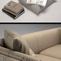Beige Three-Seater Sofa with Decorative Pillows Dark Wooden Wall Black White Art Books and Blanket