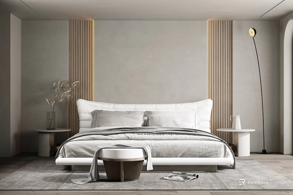 Modern Bedroom Interior With White Bed Wooden Accent Wall And Floor Lamp 3d model 