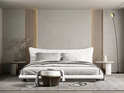Modern Bedroom Interior With White Bed Wooden Accent Wall And Floor Lamp 3d model