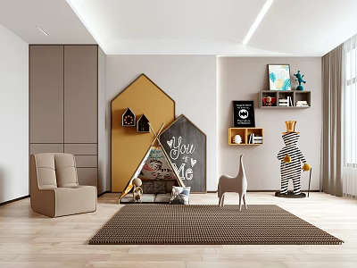 Modern Kids Entertainment Room With Play Tent Toys Soft Rug And Decorative Shelves 3d model