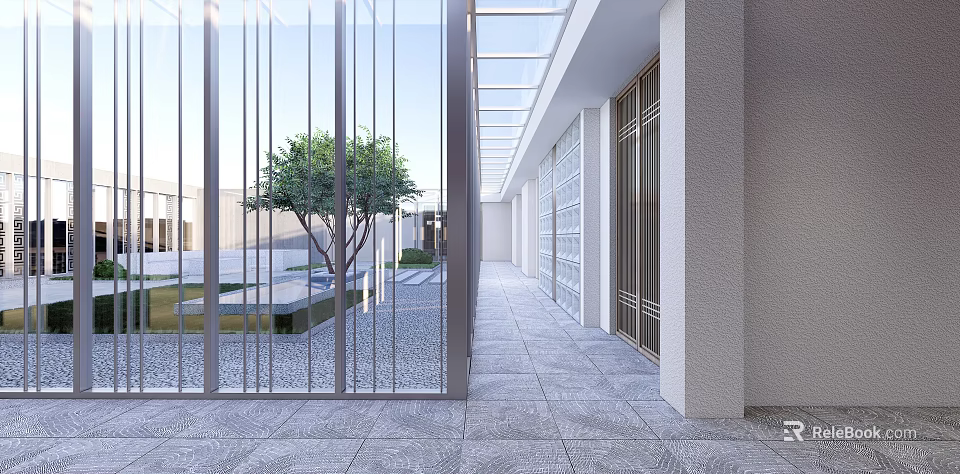 Modern Elevator Corridor With Glass Walls And Outdoor View 3d model 