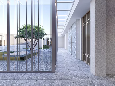 Modern Elevator Corridor With Glass Walls And Outdoor View 3d model