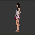 Woman Wearing Sleeveless Top Floral Skirt Holding Pink Clutch and High Heels on Gray Background