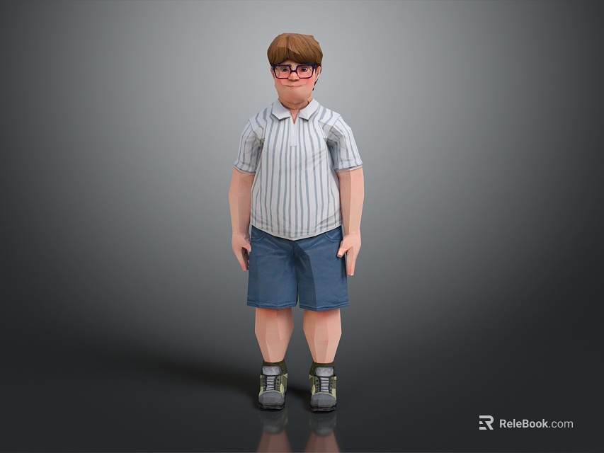Cartoon Man With Brown Hair Wearing Glasses Striped Shirt Blue Shorts And Gray Sneakers 3d model 