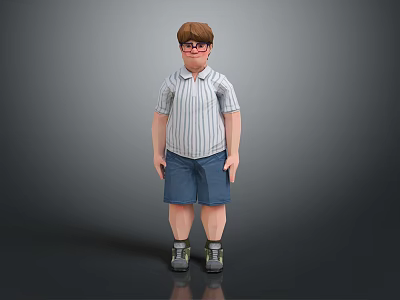 Cartoon Man With Brown Hair Wearing Glasses Striped Shirt Blue Shorts And Gray Sneakers 3d model