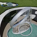 Modern Circular Fountain With Flowing Water Grass Roof Glass Walls Small Fountains And Plant Pots