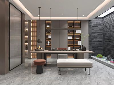 Contemporary Modern Basement Interior Design With Wooden Shelves Long Table Bench And Skylight 3d model