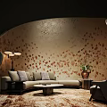 Modern Hotel Public Lounge Area With Curved Floral Wall Sofa Set And Coffee Table