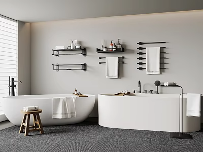 Modern Bathroom Interior With Two White Bathtubs Wall-Mounted Shelves Towels Stool And Gray Carpet 3d model