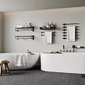 Modern Bathroom Interior With Two White Bathtubs Wall-Mounted Shelves Towels Stool And Gray Carpet