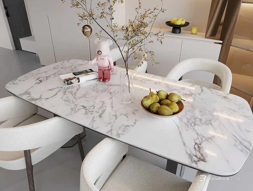Modern Dining Table Set with Marble Top White Chairs Vase Branches Fruit Bowl and Pears 3d model 