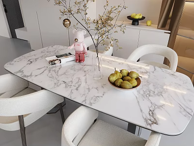 Modern Dining Table Set with Marble Top White Chairs Vase Branches Fruit Bowl and Pears 3d model