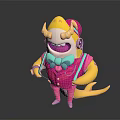 Cartoon Game Character With Yellow Head Horns Headphones Pink Suit Green Bowtie And Yellow Tail