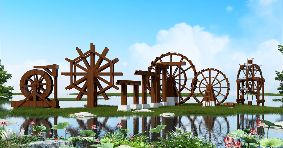 Natural Garden Ornaments Featuring Wooden Waterwheels Pond Lotus Leaves and Flowers Blue Sky White Clouds 3d model 