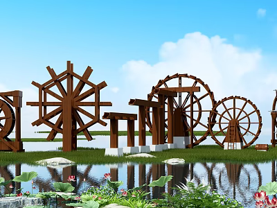 Natural Garden Ornaments Featuring Wooden Waterwheels Pond Lotus Leaves and Flowers Blue Sky White Clouds 3d model