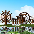 Natural Garden Ornaments Featuring Wooden Waterwheels Pond Lotus Leaves and Flowers Blue Sky White Clouds