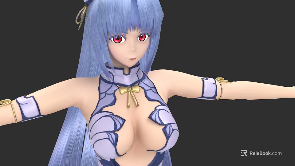 Game Movie Character With Long Blue Hair Red Eyes Blue White Outfit And Lotus Patterns 3d model 