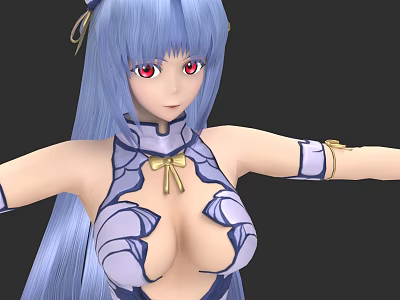 Game Movie Character With Long Blue Hair Red Eyes Blue White Outfit And Lotus Patterns 3d model
