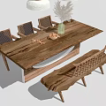 Wooden Dining Table Set With Woven Back Chairs Bench And Pampas Grass Decor