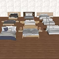 Multiple Modern Double Beds with Diverse Headboard Styles and Colorful Bedding 3d model