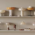 Decorative Items on Shelves with Mushroom Shaped Lamps Marble Balls Ceramic Figures