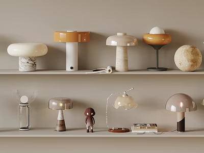 Decorative Items on Shelves with Mushroom Shaped Lamps Marble Balls Ceramic Figures 3d model