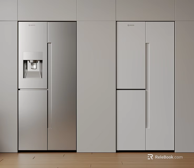Modern Built in Silver And White Refrigerator Freezer With Water Dispenser In Cabinetry 3d model 