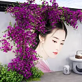Charming Traditional Photo Spot With Purple Flowers Ancient Figure Wall And Stools
