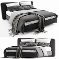 Gray Upholstered Double Bed With Plaid Blanket Pillows And Bedding 3d model