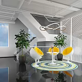 Modern Office Interior Design With Open Layout Large Windows Black Sofa And Hanging Lights 3d model