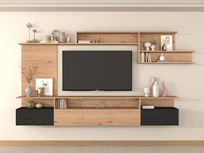Modern Wooden TV Stand Featuring Storage Shelves Drawers And Decorative Accents 3d model