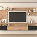Modern Wooden TV Stand Featuring Storage Shelves Drawers And Decorative Accents