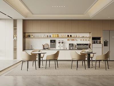 Modern Tea Room Interior Design With Wooden Cabinets Coffee Machine Tables And Chairs 3d model