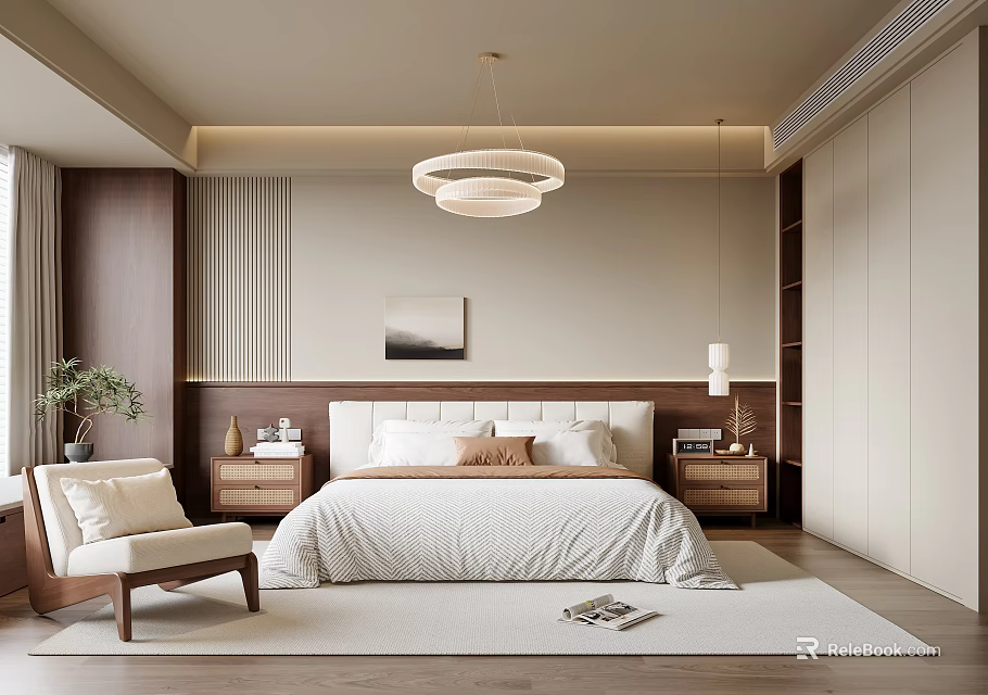 Modern Minimalist Bedroom Interior With White Bedding Wooden Nightstands And Round Chandelier 3d model 