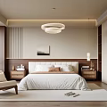 Modern Minimalist Bedroom Interior With White Bedding Wooden Nightstands And Round Chandelier
