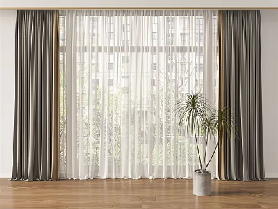 Gray And White Sheer Curtains For Window With Wooden Floor And Indoor Plant 3d model