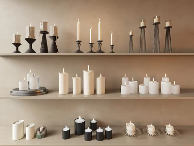 Variety Of Candles Displayed On Shelves For Home Decor 3d model
