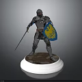 Knight in Silver Armor Holding Sword and Blue Shield with Yellow Eagle on White Base 3d model