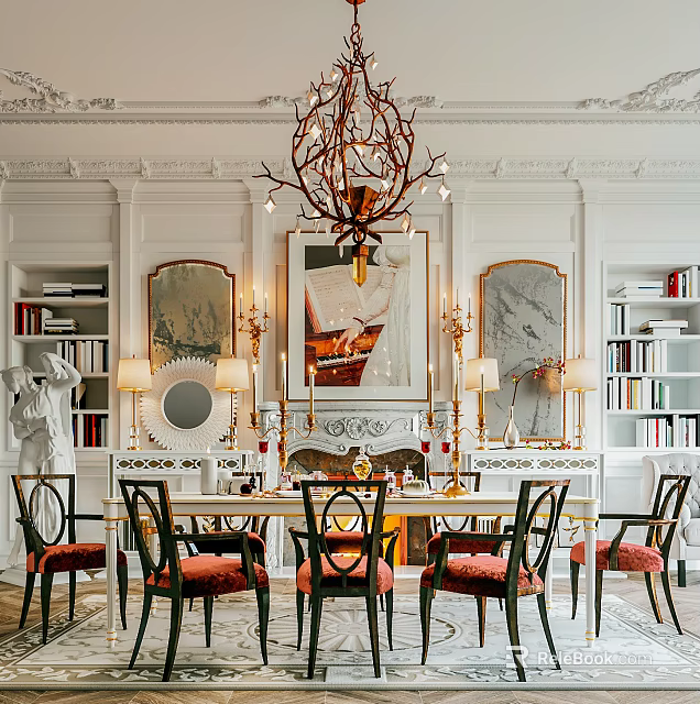 Elegant Luxury Dining Table Set With Chairs Chandelier Artwork And Fireplace Interior 3d model 