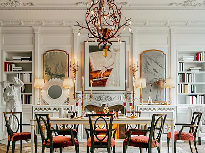 Elegant Luxury Dining Table Set With Chairs Chandelier Artwork And Fireplace Interior 3d model