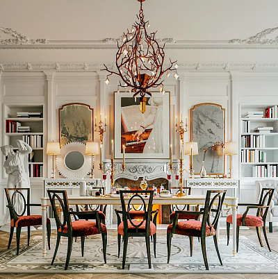 Elegant Luxury Dining Table Set With Chairs Chandelier Artwork And Fireplace Interior 3d model