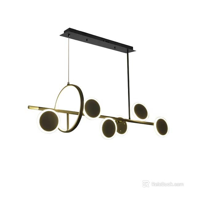 Modern Linear Chandelier With Brass Frame Black Mount And Circular Lights 3d model