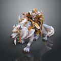 Fantasy Game Movie Character Rider on White Horned Wolf Mount with Armor and Fangs