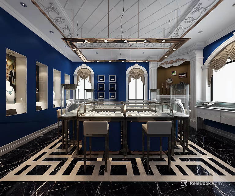 Elegant Jewelry Store Interior With Blue Walls Display Cases Chandeliers And Black White Geometric Floor Tiles 3d model 