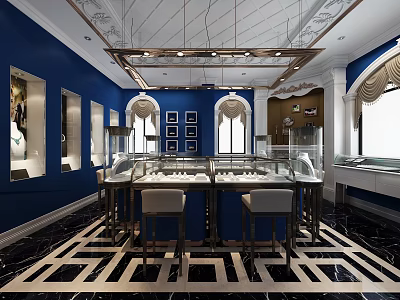Elegant Jewelry Store Interior With Blue Walls Display Cases Chandeliers And Black White Geometric Floor Tiles 3d model
