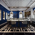 Elegant Jewelry Store Interior With Blue Walls Display Cases Chandeliers And Black White Geometric Floor Tiles