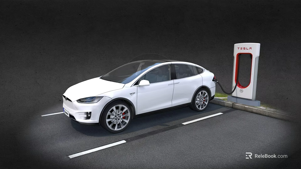 White Tesla SUV Electric Car Charging At Tesla Charging Station In Parking Lot 3d model 