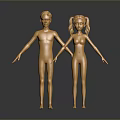 Golden Boy and Girl Statues Standing Together Holding Hands Against Gray Background