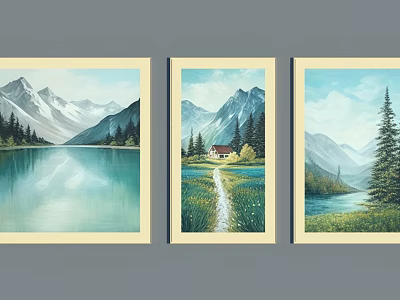 Mountain Lake Scenery Oil Paintings With Trees Small House And Path Wall Art 3d model
